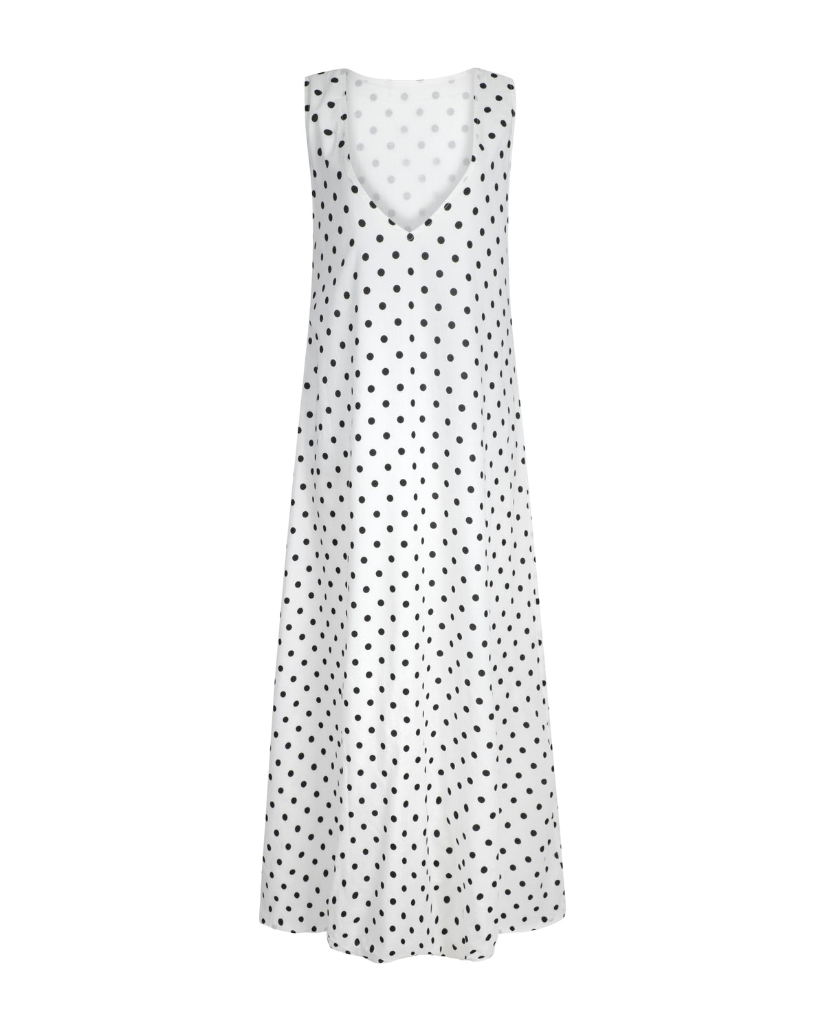 (ghost mannequin) Gili Dress Polkadot flat lay ghost mannequin, black and white cotton maxi dress side zipper 100% cotton Puka The Label
